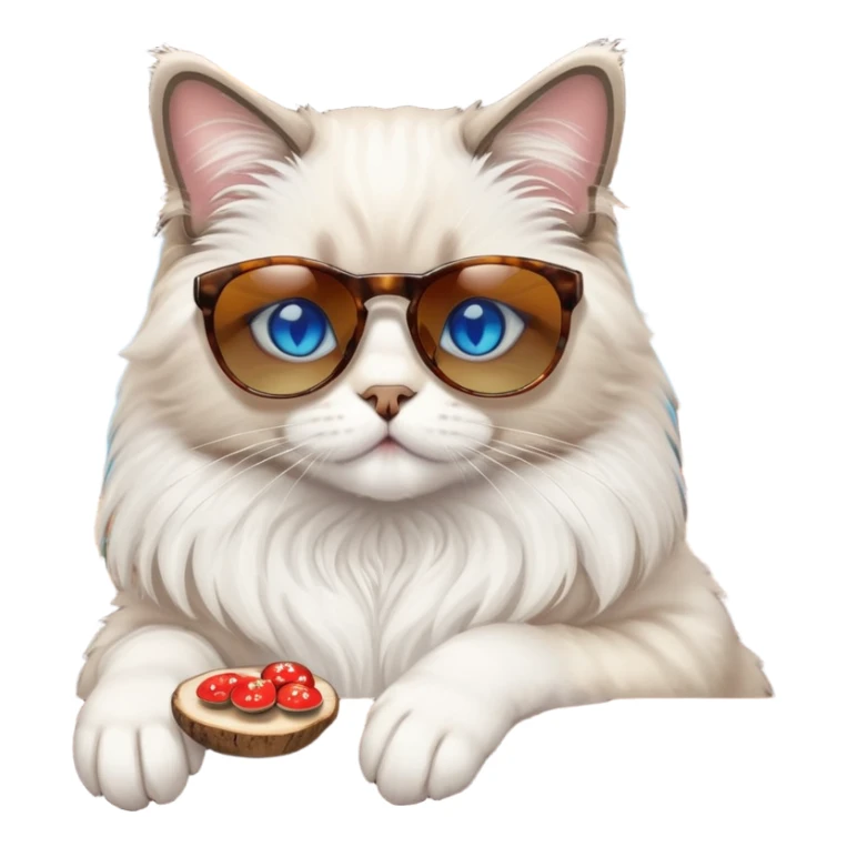 One ragdoll cat with sunglasses selling mushrooms in a bar sticker