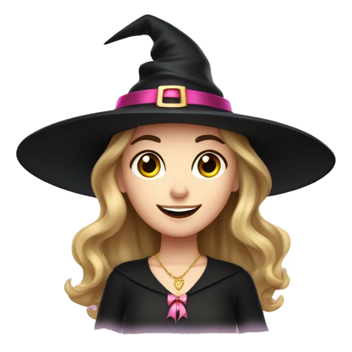 Witchy light brunette haired white girl with a witty smile a gold necklace and a black witch hat with a pink bow sticker