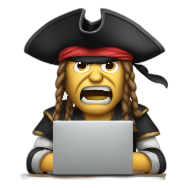 Angry pirate progamming on laptop sticker