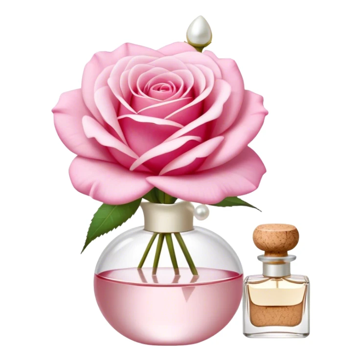 a beautiful aesthetic single rose in white and pink with an ivory bow and a pearl white perfume bottle with a white daisy on the cork sticker