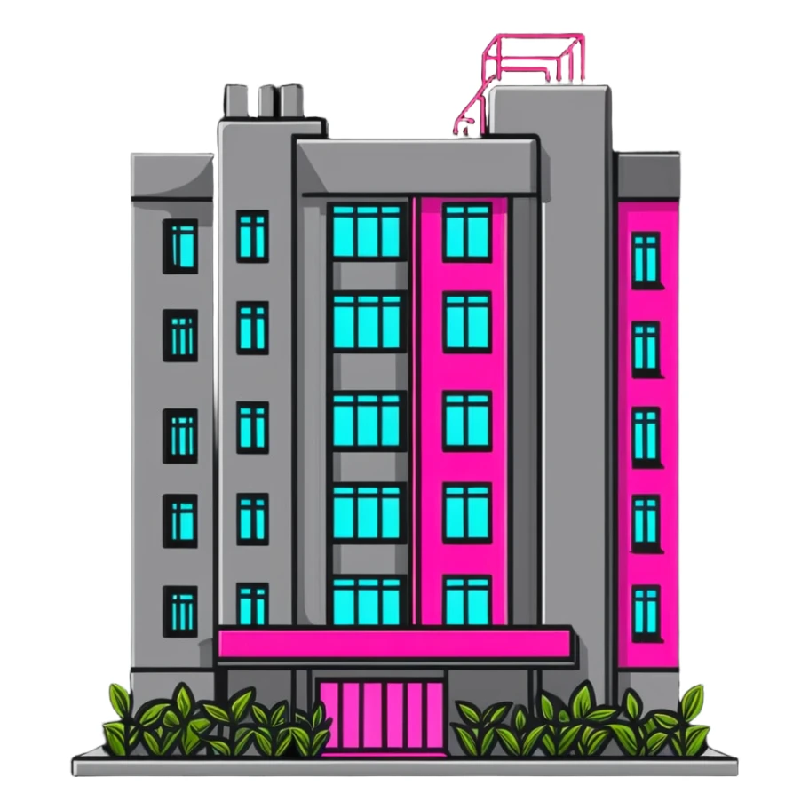 Soviet-era concrete panel apartment building with bright neon pink glow from a window where plants are growing sticker