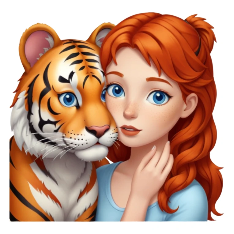 blue-eyed redhead girl kissing tiger sticker