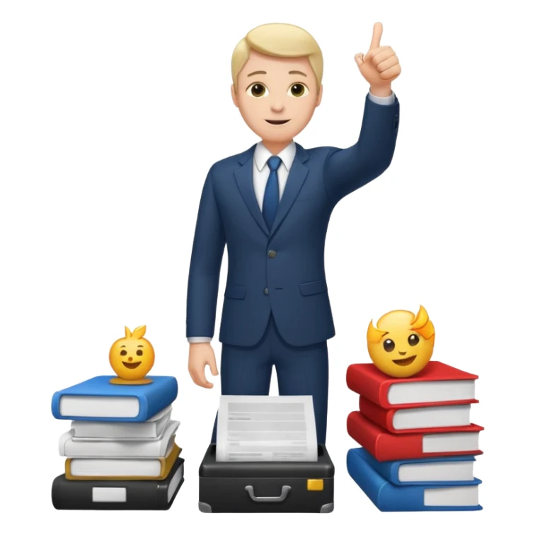 man standing on a pile of paperwork, raising a thumb up emoji sticker