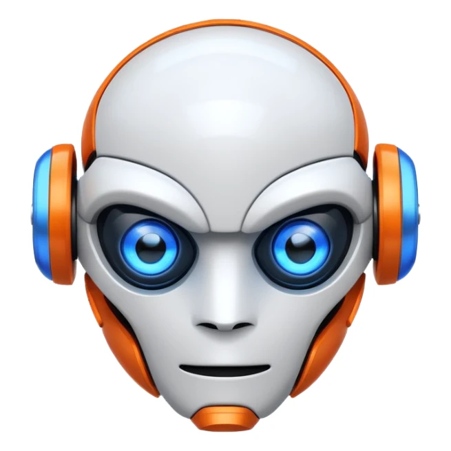 "Cartoon-style robot head with glowing blue eyes, white shell, orange-tipped arms, and blue gradient background" sticker