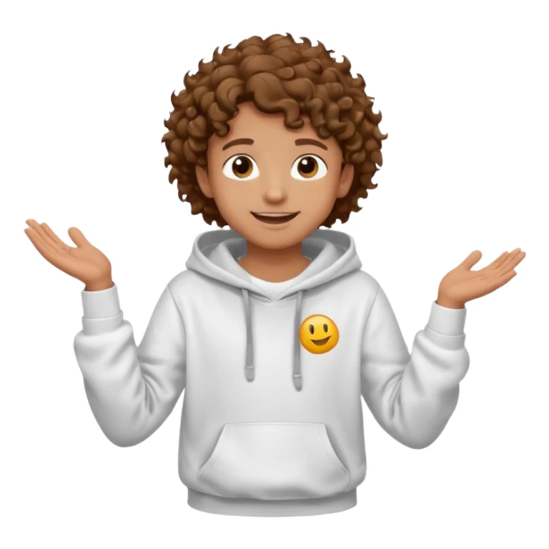 Make a kid with a white hoodie and curly hair shrugging while smiling and make a floating 6 on his left hand and a 7 on his right  sticker