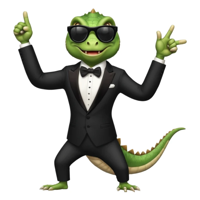 capitalist iguana banker in tuxedo and black sunglasses dancing crazy thumb up sticker