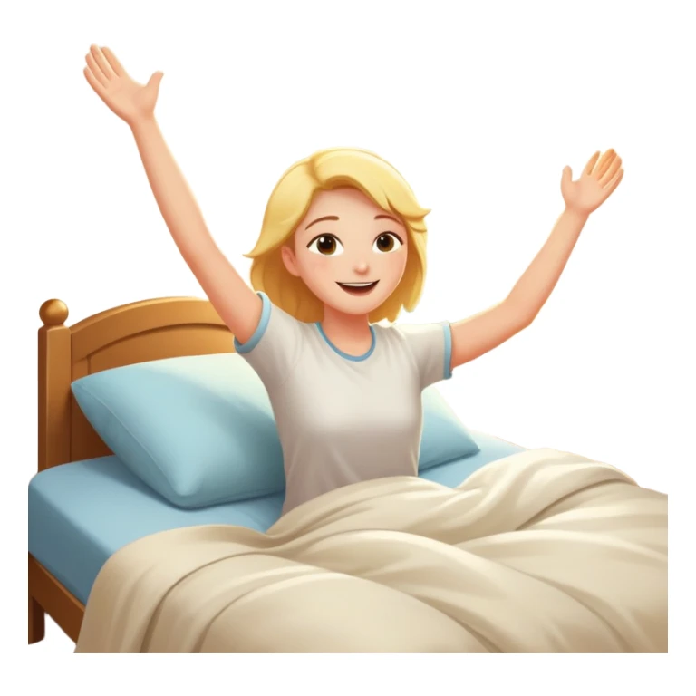 a person waking up early, stretching in bed with sunlight coming through the window, cheerful and fresh sticker