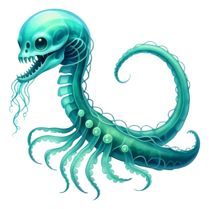 A phosphorescent deep-sea serpent with translucent scales that reveal its glowing skeleton, possessing both jellyfish-like tendrils and the ability to generate electrical pulses that illuminate the ocean depths. sticker