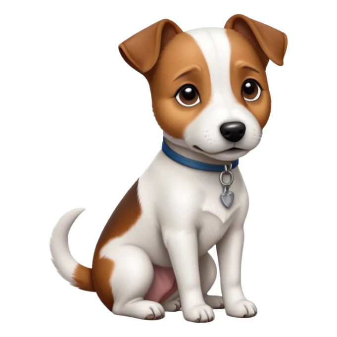 cinematic-[jack Russel terrier]-realistic-full-body-sitting-emoji,-tail-resting-loosely-beside-its-paws,-head-tilted-dramatically, -sleek-[brown and white]-fur,-simplified-yet-realistic-focused-features,-highly-detailed,-glowing-with-an-almost-sarcastic-glow sticker