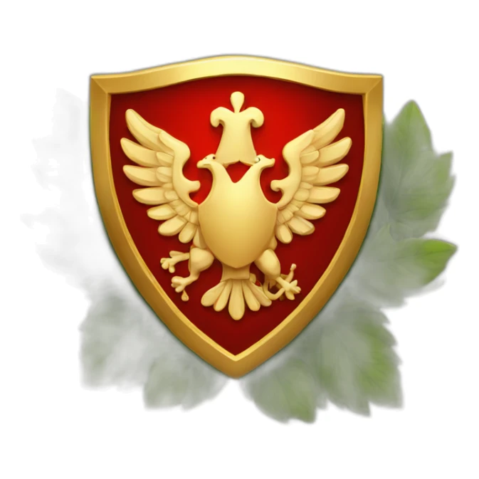 a red shield with a golden border and shrubbery behind it in a circular shape sticker