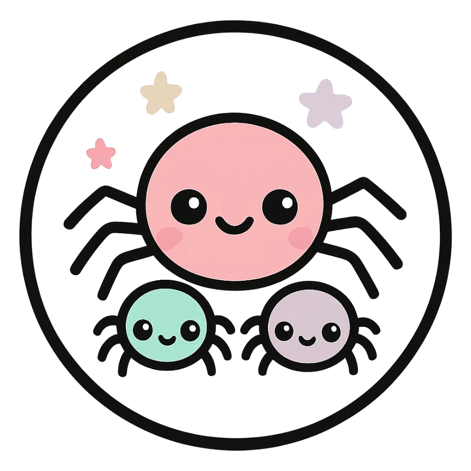 little alchemy style icon
subject: spider family
border: medium-black
shape: round, circular
background: white
style: full color fill with medium black outlining sticker