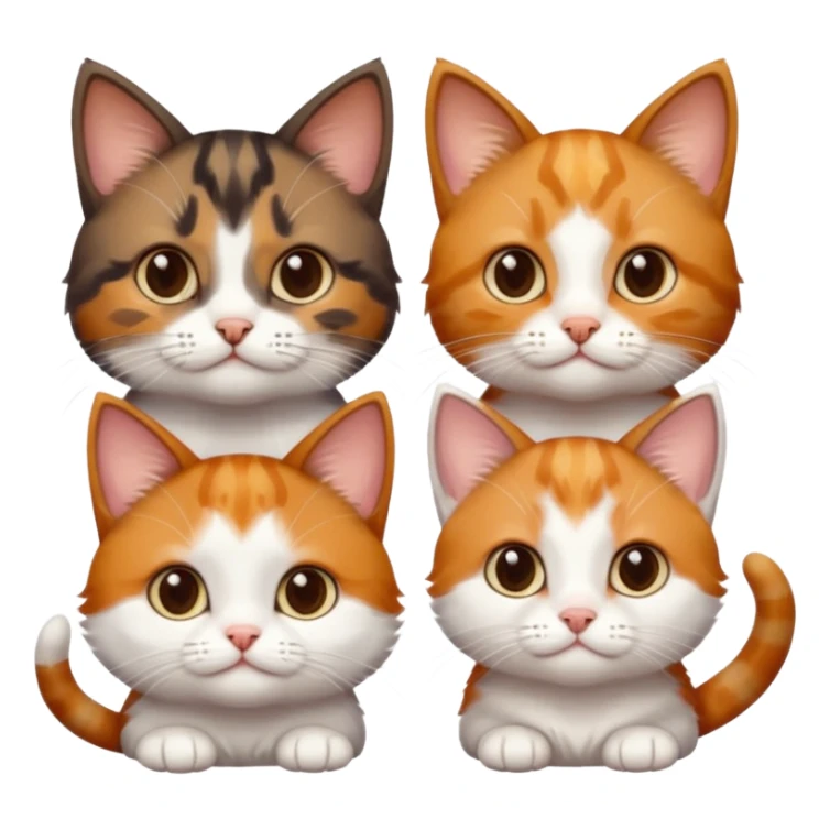 3 different coloured small cats including a dark brown tabby and white, and a patchy calico, and a ginger and white sticker