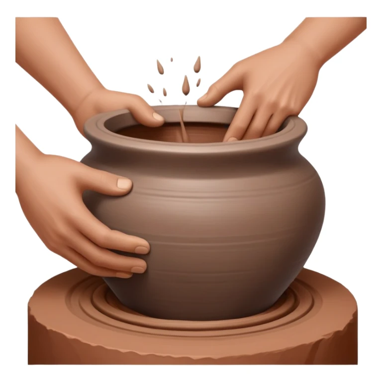 Close-up of two hands working from outside a clay vessel on a silver pottery wheel, both pinching and lifting the clay upward at the same spot to form the vessel wall sticker