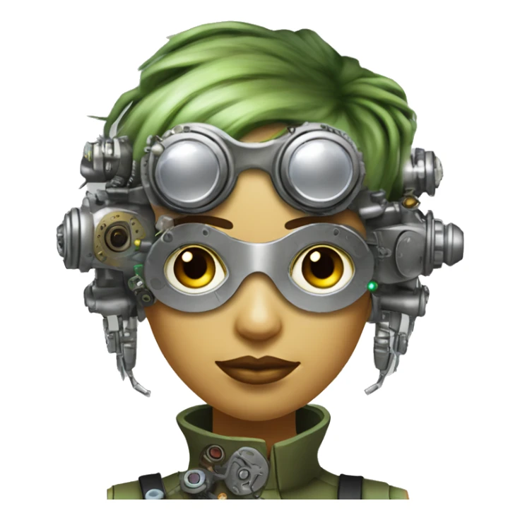 Olive green hair female cyborg head with silver steampunk goggles, goatee and circuits sticker