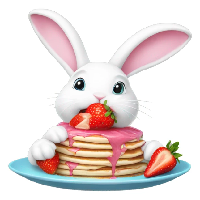 white bunny wearing pink pastel hat eating strawberry pancake sticker