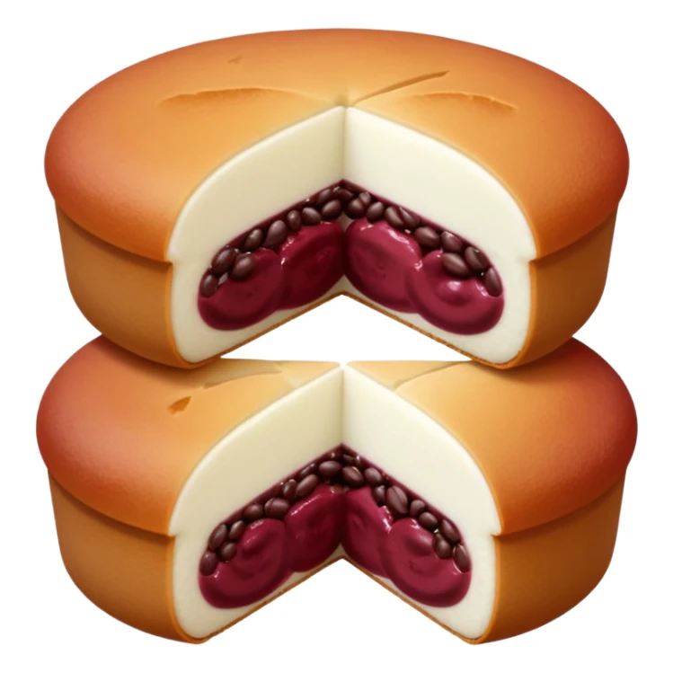 A soft round mochi cut in half, showing the filling inside (red bean paste or pink/white filling), outer layer is white and slightly stretchy-looking, smooth and pillowy texture, simple flat design style, centered on transparent background.
 sticker
