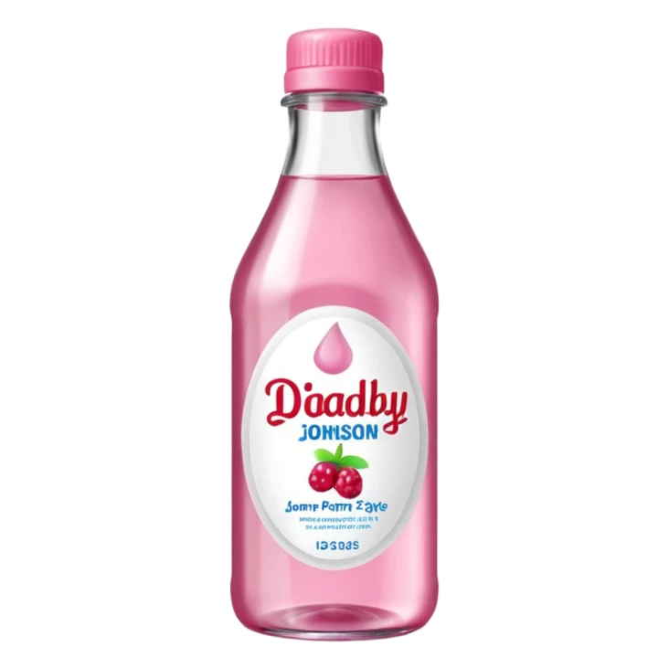 realistic Johnson and Johnson style bottle pink cap pink label clear bottle with berry party written on the logo with diddy logo bottle leaking oil from the top sticker