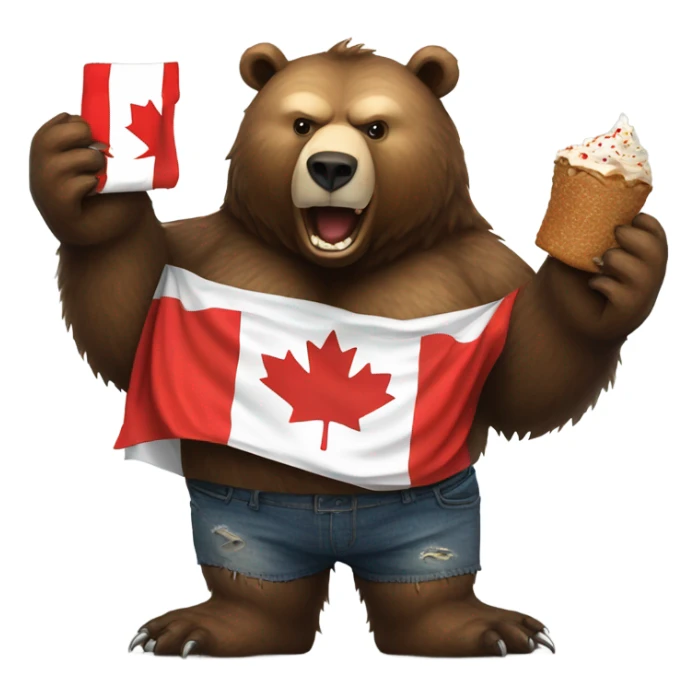 Massive fierce grizzly bear with Canada flag shirt eating eagle sticker