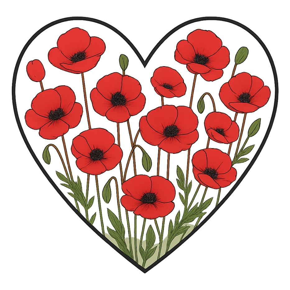 heart with a poppy field theme, clean digital illustration sticker