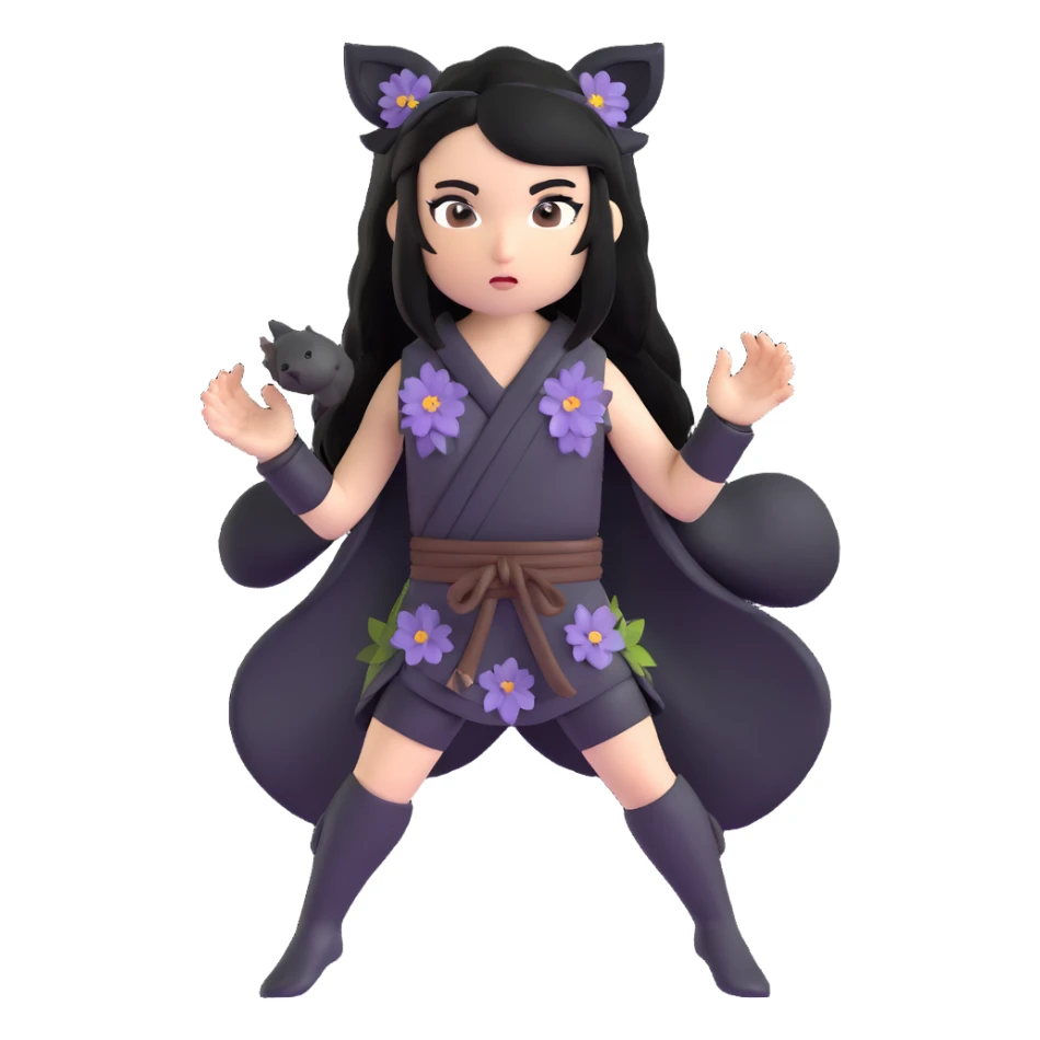 gothic female fighter with long flowing black hair, sharp intense eyes, small black bear ears, sleeveless black ritual robe top, gray combat shorts with dark floral pattern sticker