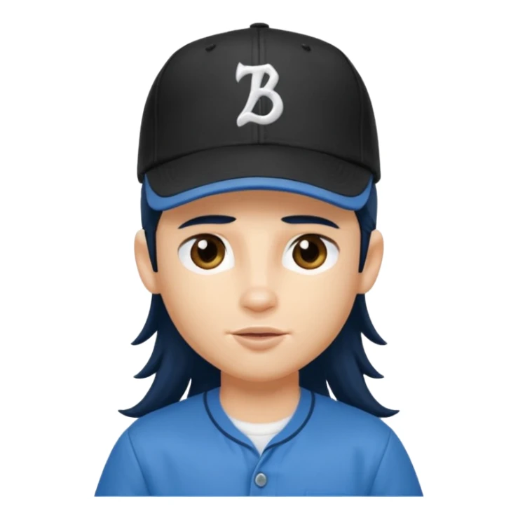 generate a pretty bratz boy wearing a dark blue button up shirt, long black mullet hair. Matching blue baseball cap on head. smirking sticker