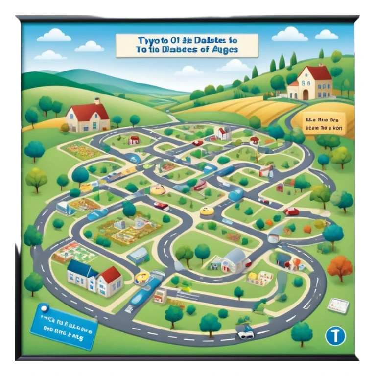 journey on a game board about Type 1 diabetes and aging with pretty pathways in a countryside (hospital, places to live, advocacy, physical changes, to share knowledge and ways of coping, energetic with text: T1D to 100 and subtext Aging with Type 1 diabetes, easy for seniors to see and understand sticker
