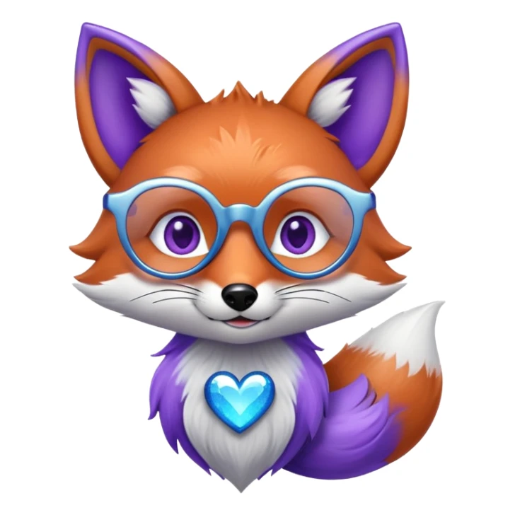 A whimsical fox with sparkling purple-blue fur, a glowing tail, a silver star on its forehead, and round glasses, with heart-shaped eyes, looking in love sticker