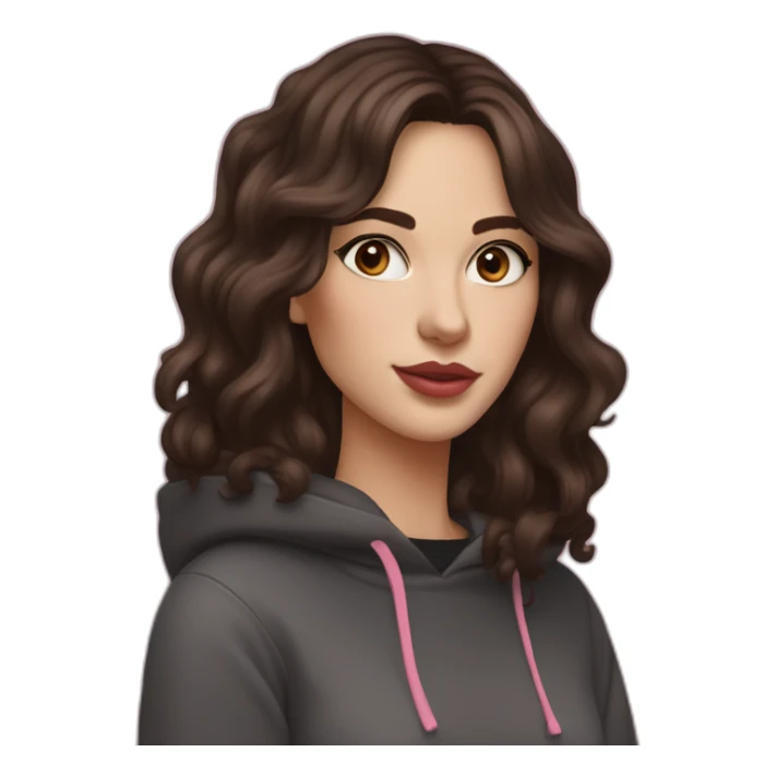 White women with long wavy dark brown hair with curtain bangs and long eyelashes dark brown eyes and pink cheeks with pink lips and thick dark brown eyebrows wearing a black hoody sticker