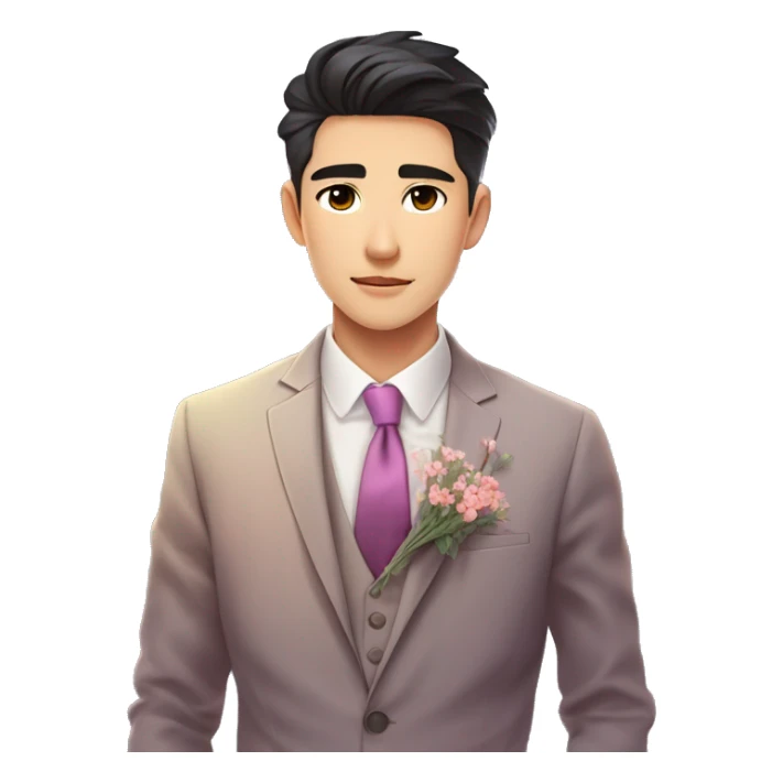 Gorgeous romantic anime style Asian formal modern gentlemanly guy with flowers and blushing face aesthetic trending style outside with colorful gradient colors sticker
