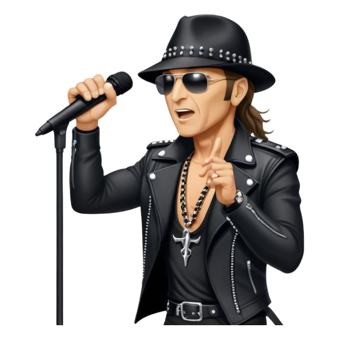 Icon for Rock Music: Klaus Meine with a microphone on the stand performing with Scorpions on stage, with powerful stage presence. The vibe should capture the energetic and iconic sound of Scorpions, with vibrant lighting and a stadium atmosphere. Transparent background. sticker