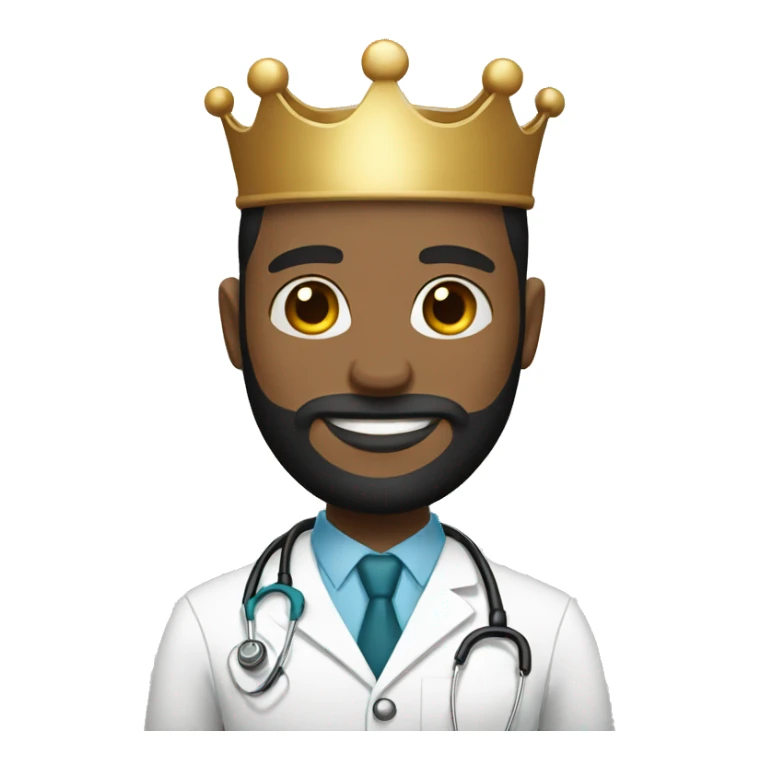 Bald male doctor with black beard and a crown sticker