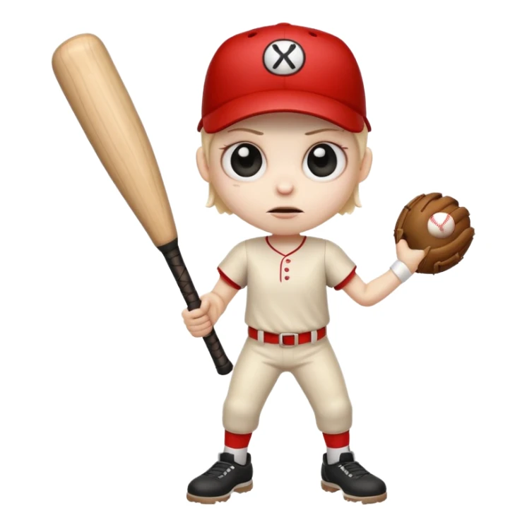 creepy long stump character with arms and legs holding a baseball bat wide eyes eerie expression inspired by the uploaded image emoji style sticker