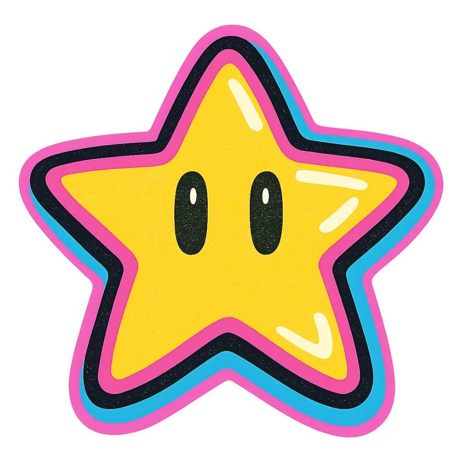 Y2K style Mario star, holographic effect, neon outlines, and glossy reflections sticker