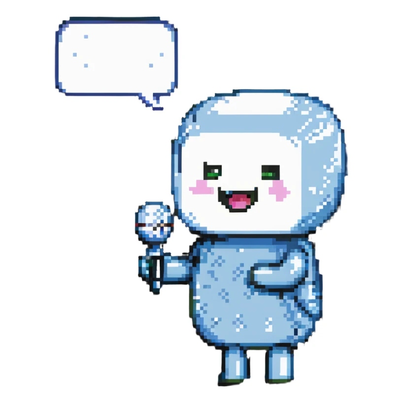 pixel art of a singing character with a speech bubble containing 'tralalero tralala' sticker