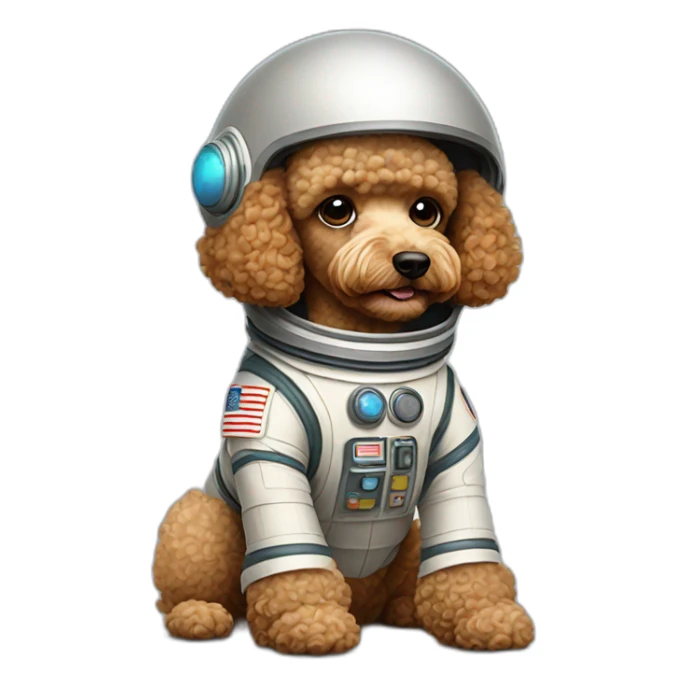 Light brown poodle seated with an spaceman suit and a helmet sticker