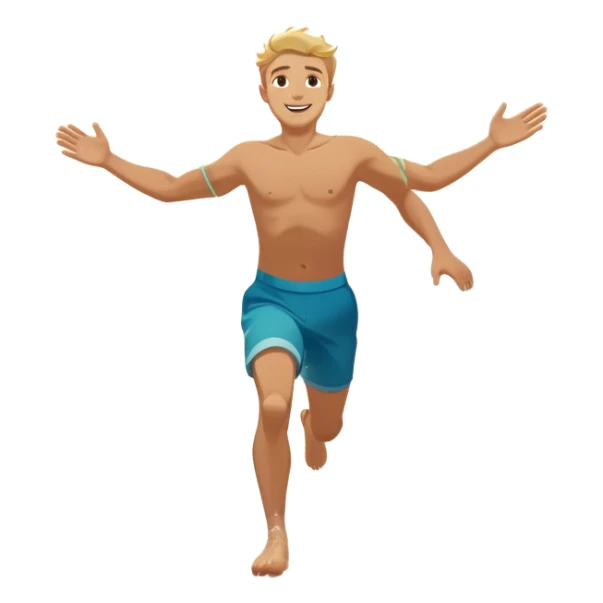 A white man running into the ocean with arms wide open, embracing the waves and the moment. The sun shines warmly, and the water sparkles, symbolizing the joy of creating fun and appreciating life’s simple moments. Their footprints in the sand fade as they fully immerse themselves in the present. sticker