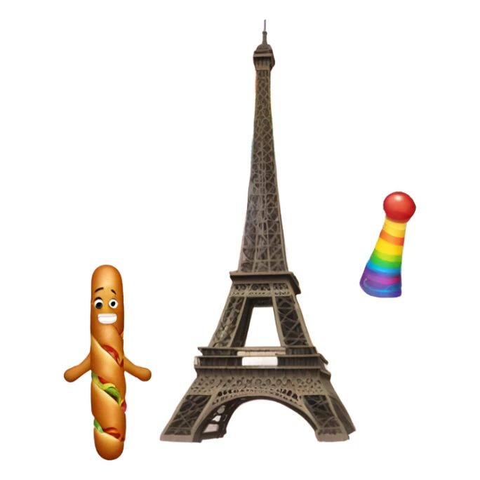A giant holding the Eifel tower while riding on a rainbow eating a magic hotdog  sticker