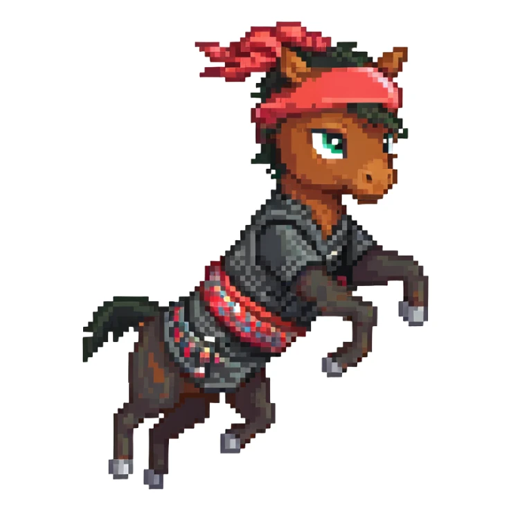 Ninja horse jumping in action, red headband, black outfit sticker