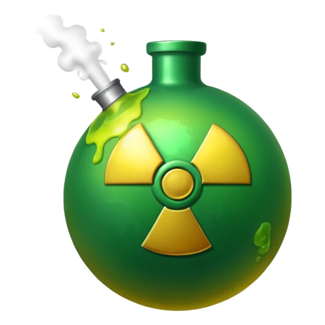 create a poison bomb which is radioactive in color, make the poison inside spoiling out and make the bomb gradient from green to yellow, make the bomb a sphere, dont add a radioactive symbol in the middle sticker