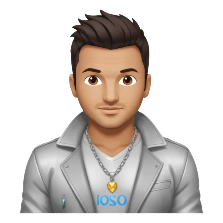 Peter Andre with dark brown hair, shirtless with necklace, silver jacket sticker