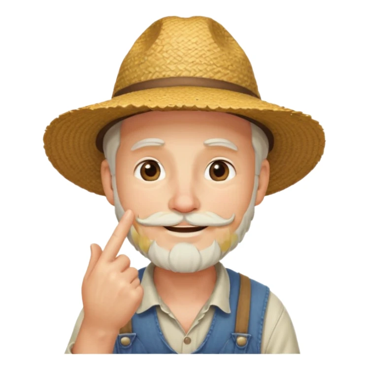 “A single emoji-style character combining 👨‍🌾😄 and 🤔: a smiling farmer man with a straw hat, friendly face, and light beard, holding one hand under his chin in a thinking gesture. His index finger rests under his face, eyes looking slightly upward as if thinking.  sticker