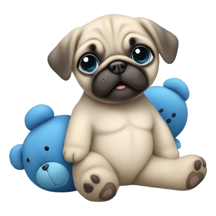 Baby pug with big blue eyes hugging a blue teddy bear  sticker