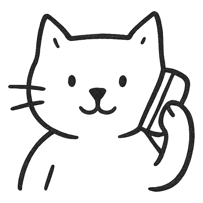cat using a phone, hand drawn black outline style sticker