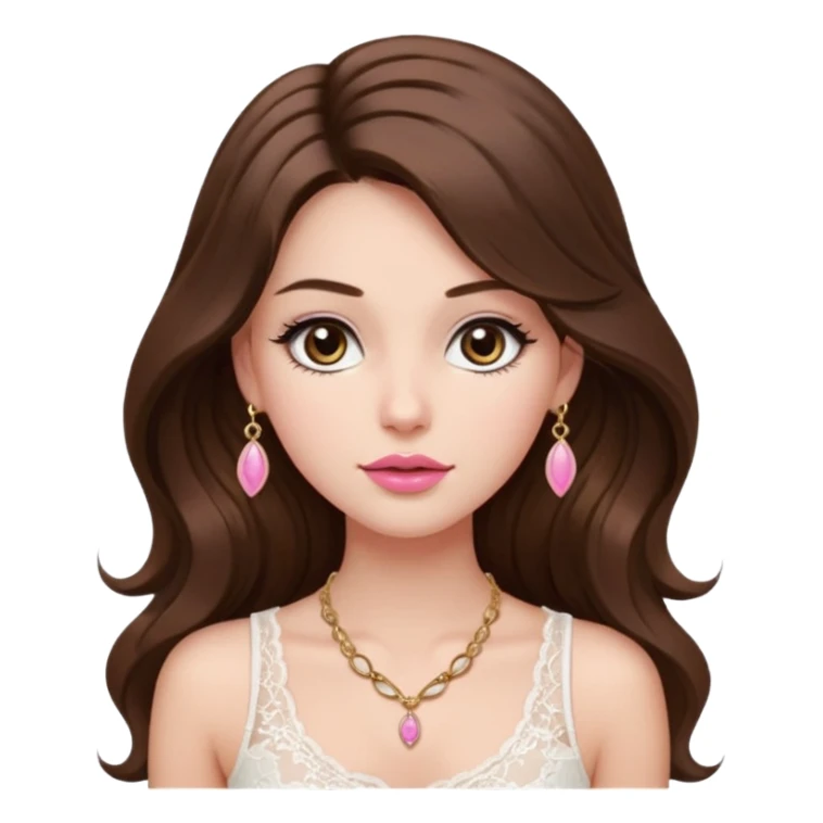 fair-skinned girl with dark brown, slim shaped eyes and long lashes. long, brown hair styled in a voluminous, wavy blowout. wearing a delicate white lace tank top and a dainty gold necklace, plump pink lips. sticker