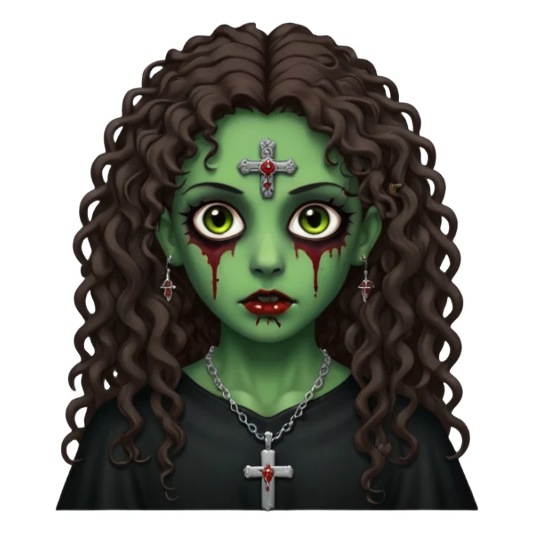 Zumbi verde com olhos castanhos aspecto de que tá sangrando, com cabelo marrom cacheado longo um piercing do lado esquerdo do nariz, roupa preta e crucifixo como colar, e também delineador  sticker