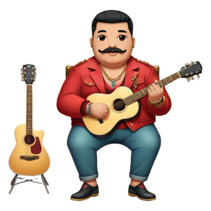 Icon for Chanson: Old fat chanson singer with tattoos and small moustache, red jacket, gold chains and braslettes, sitting on a chair with an acoustic guitar and standing microphone. No earrings. The atmosphere should reflect a nostalgic, soulful vibe with vintage elements. Transparent background. sticker