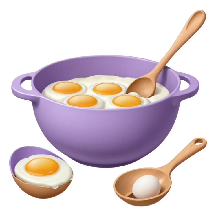 a lilac ceramic mixing bowl with a wooden spoon stirring and sitting next to it is a dozen eggs with the carton lid open sticker