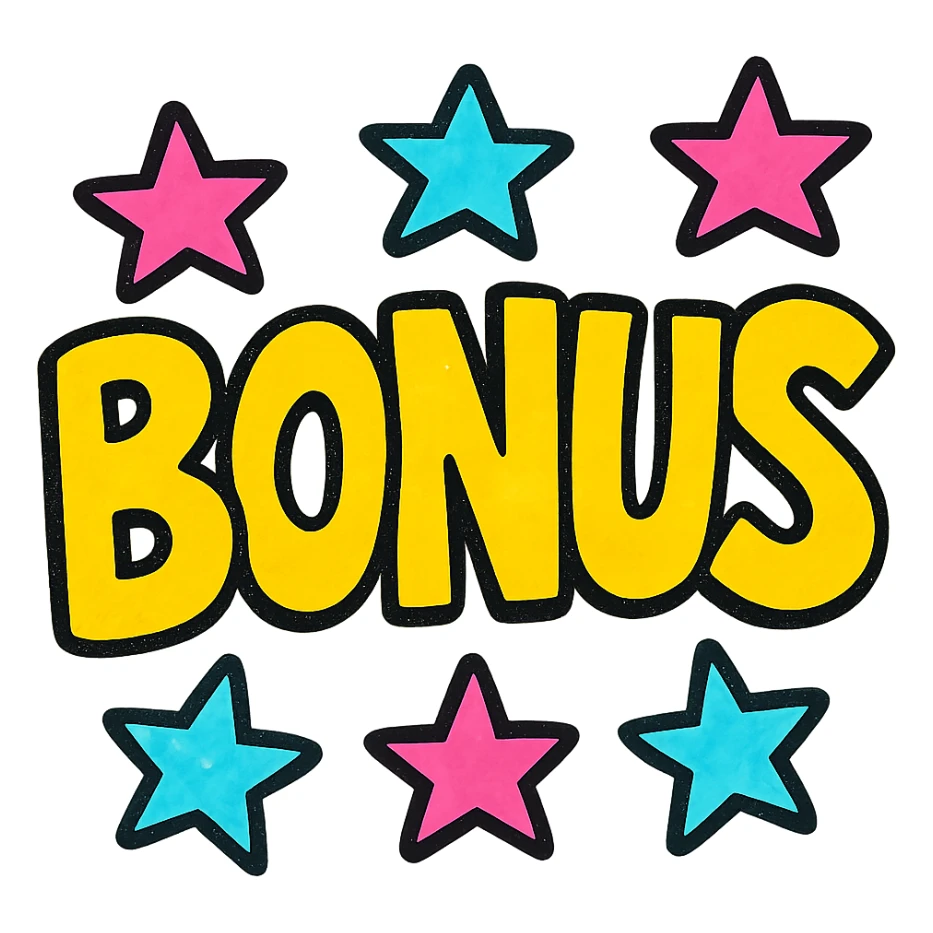 the word BONUS in large letters, all the same bright color, surrounded by stars, no background or sign behind, just the letters and stars, colorful style sticker