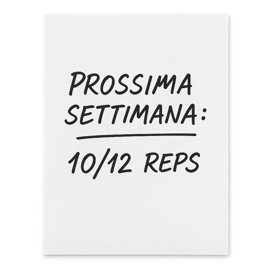 top view white paper sheet isolated on transparent background with handwritten pen text 'PROSSIMA SETTIMANA: 10/12 REPS', realistic style, manual calligraphy sticker