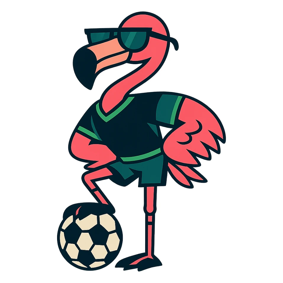 flamingo soccer player in sunglasses and a black and green jersey sticker